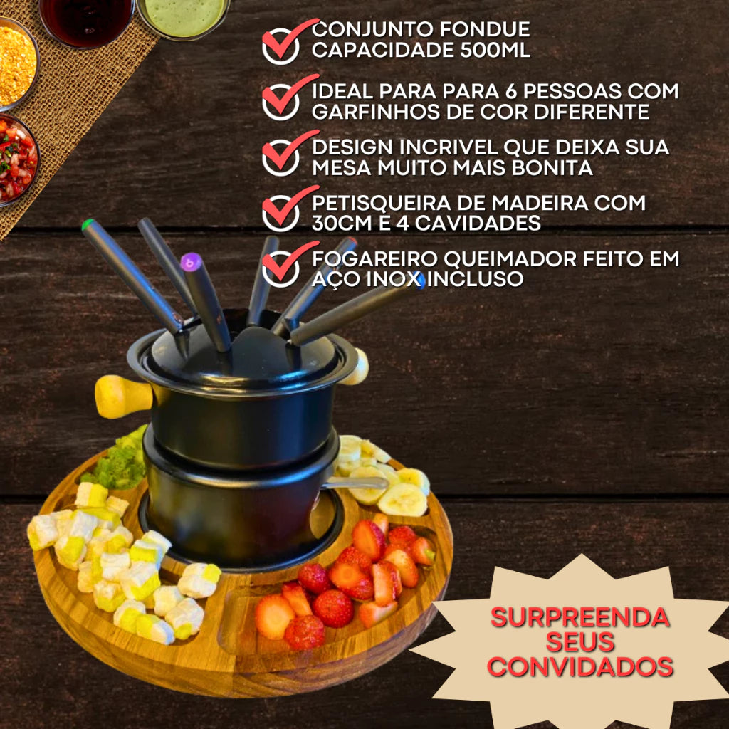Conjunto Fondue Oasi Completo — Carne, Queijo e Chocolate | Para 6 Pessoas | Base e Petisqueira em Bambu