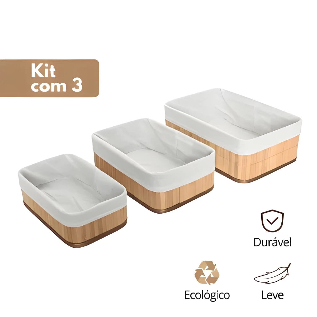 Kit 3 Cestos Organizadores de Bambu Multiuso com Forro Cesto Organizador Roupa Banheiro
