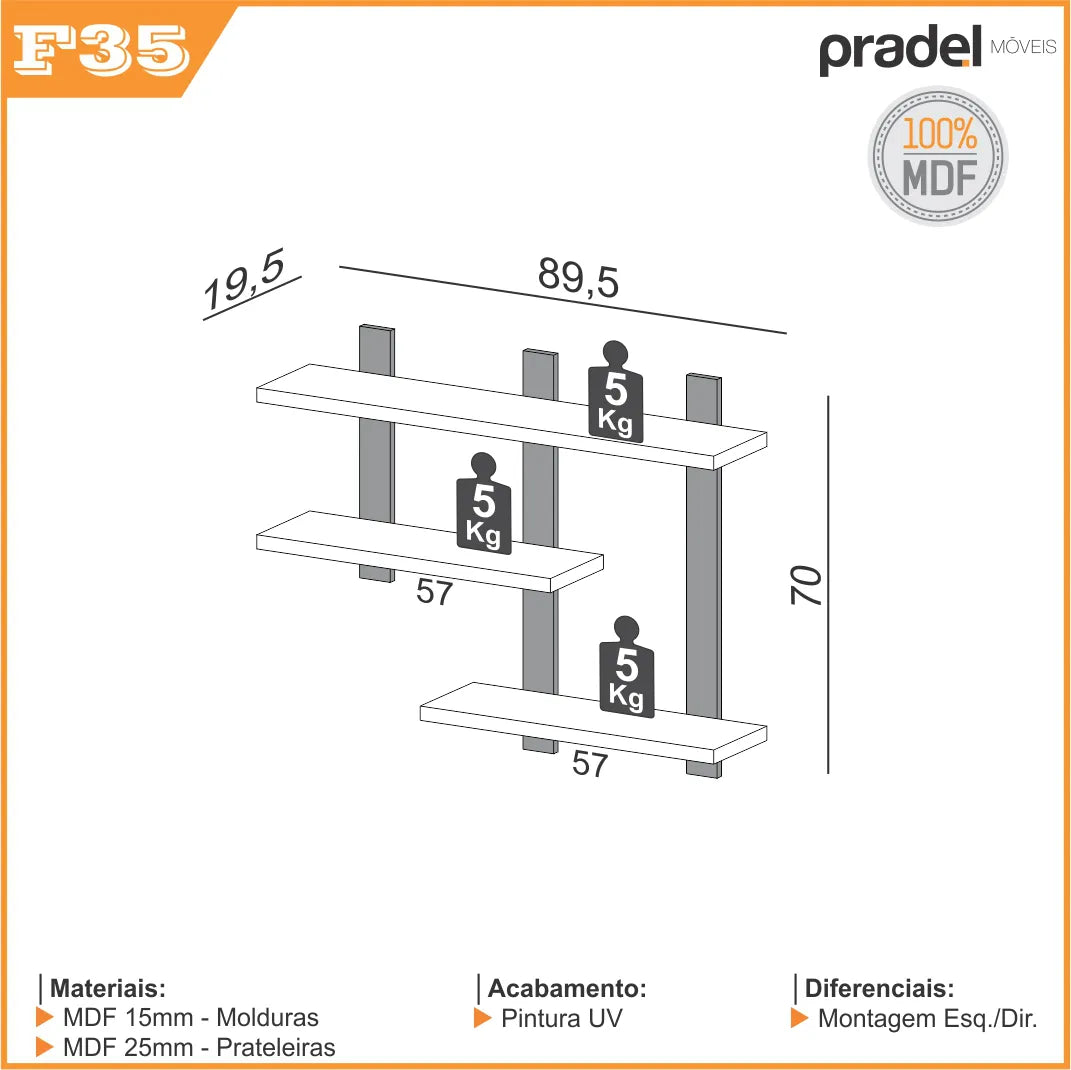 Prateleira Nicho Suspensa Industrial Home Office 100% MDF