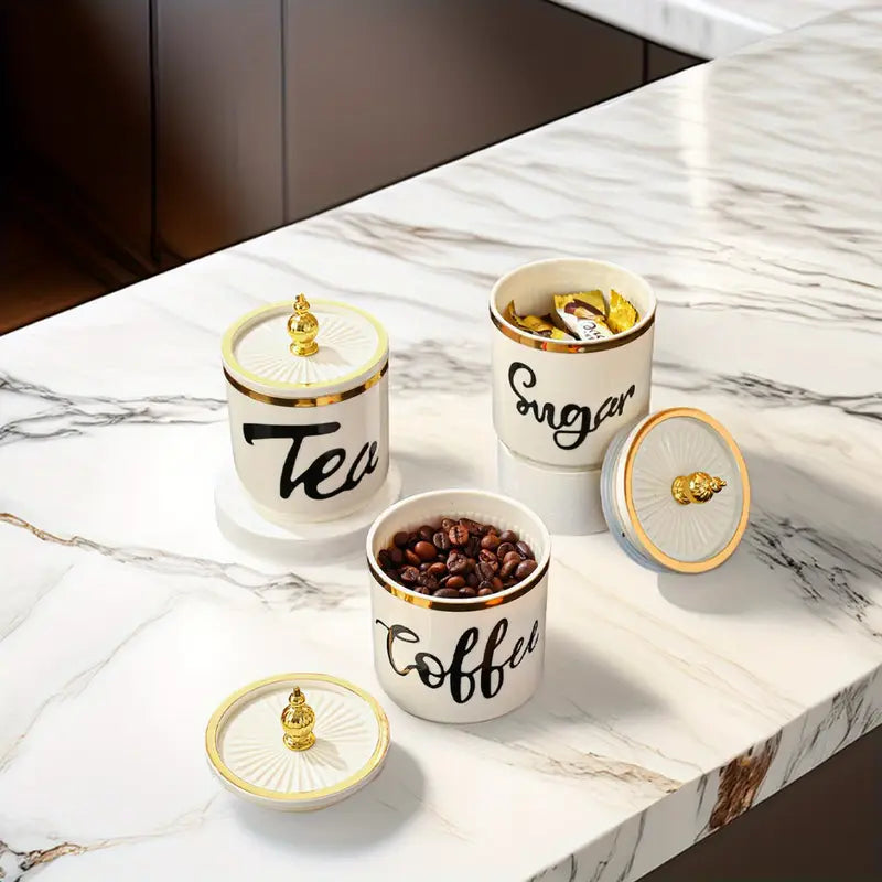 Conjunto de Potes Plásticos com Bandeja – Armazenamento Decorativo para Café, Açúcar, Doces, Grãos