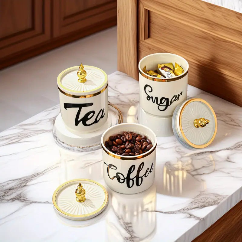 Conjunto de Potes Plásticos com Bandeja – Armazenamento Decorativo para Café, Açúcar, Doces, Grãos
