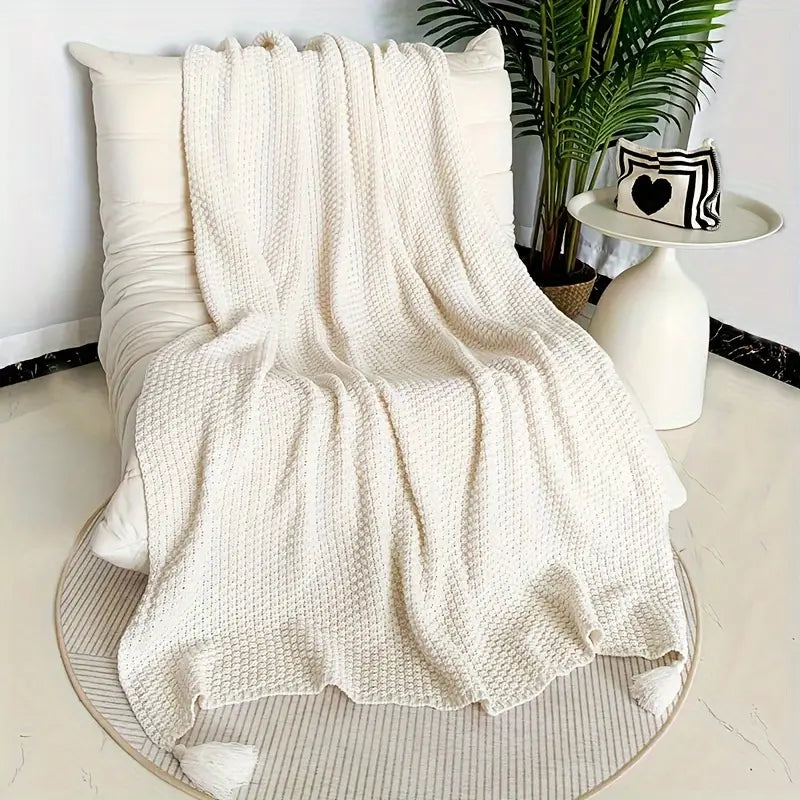 Manta Boêmia com Tassels 1 Peça – Padrão Geométrico em Madeira Natural, Macia, Texturizada e Versátil para Sofá, Cama, Escritório, Carro e Viagens