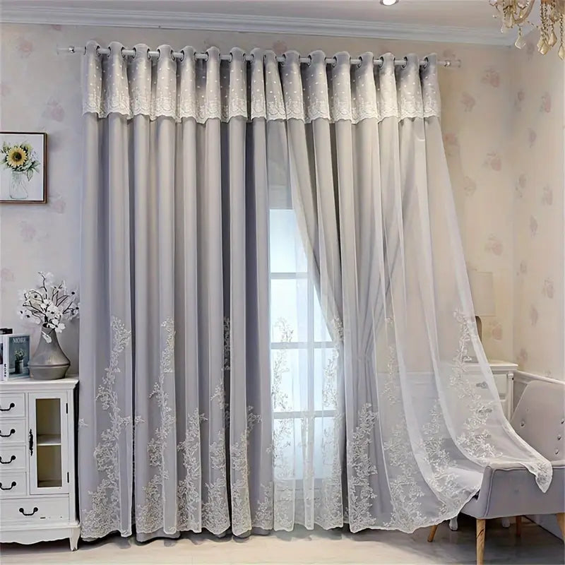 Cortina Dupla com Bordado e Renda - Tecido Semi-Blackout com Ilhós Superior, Ideal para Quarto, Sala, Porta de Correr e Decoração Residencial