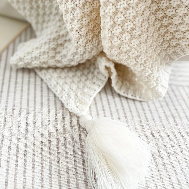 Manta Boêmia com Tassels 1 Peça – Padrão Geométrico em Madeira Natural, Macia, Texturizada e Versátil para Sofá, Cama, Escritório, Carro e Viagens