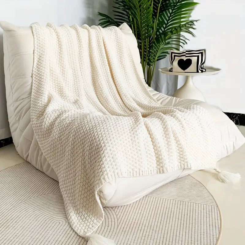 Manta Boêmia com Tassels 1 Peça – Padrão Geométrico em Madeira Natural, Macia, Texturizada e Versátil para Sofá, Cama, Escritório, Carro e Viagens