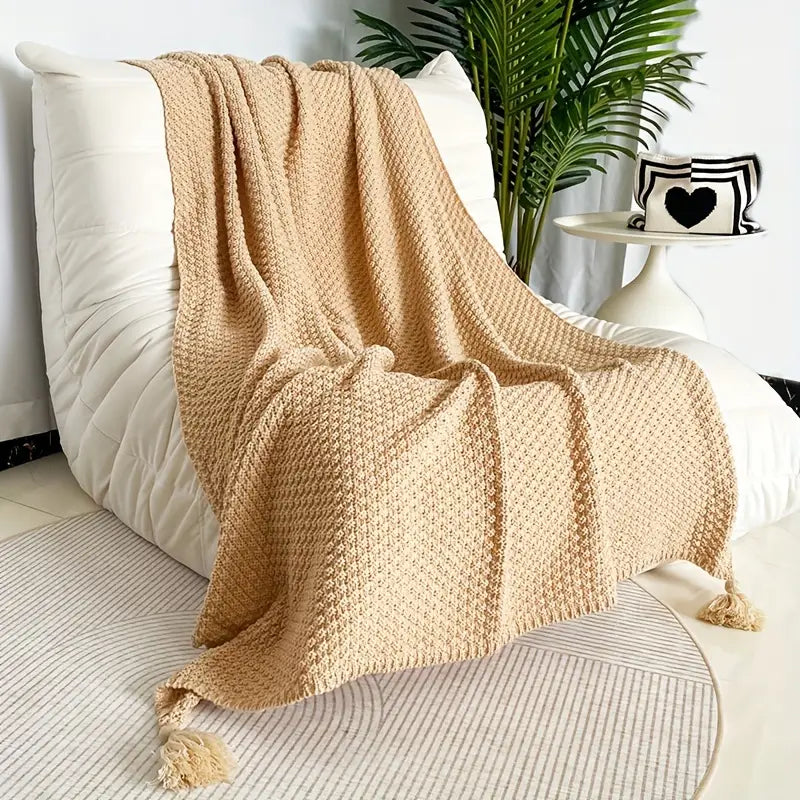 Manta Boêmia com Tassels 1 Peça – Padrão Geométrico em Madeira Natural, Macia, Texturizada e Versátil para Sofá, Cama, Escritório, Carro e Viagens