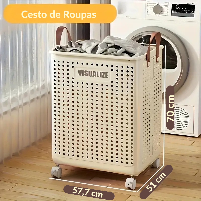 Cesto de Roupa Suja Dobrável com Rodas – Estilo Cerâmico Branco, Grande Capacidade