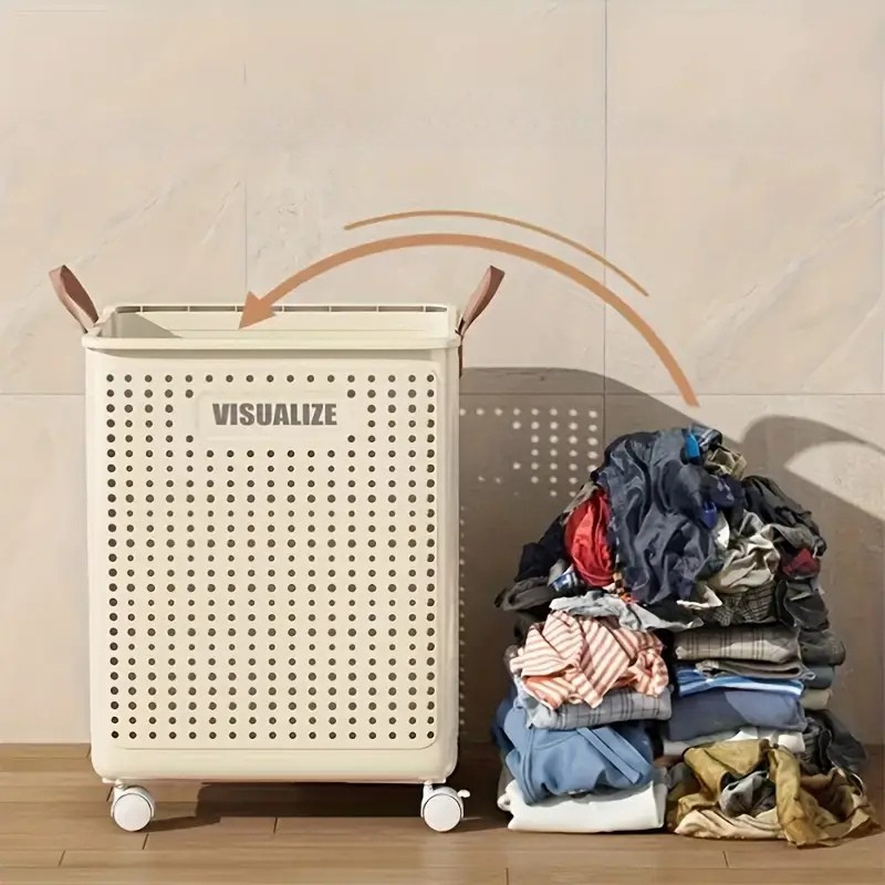 Cesto de Roupa Suja Dobrável com Rodas – Estilo Cerâmico Branco, Grande Capacidade