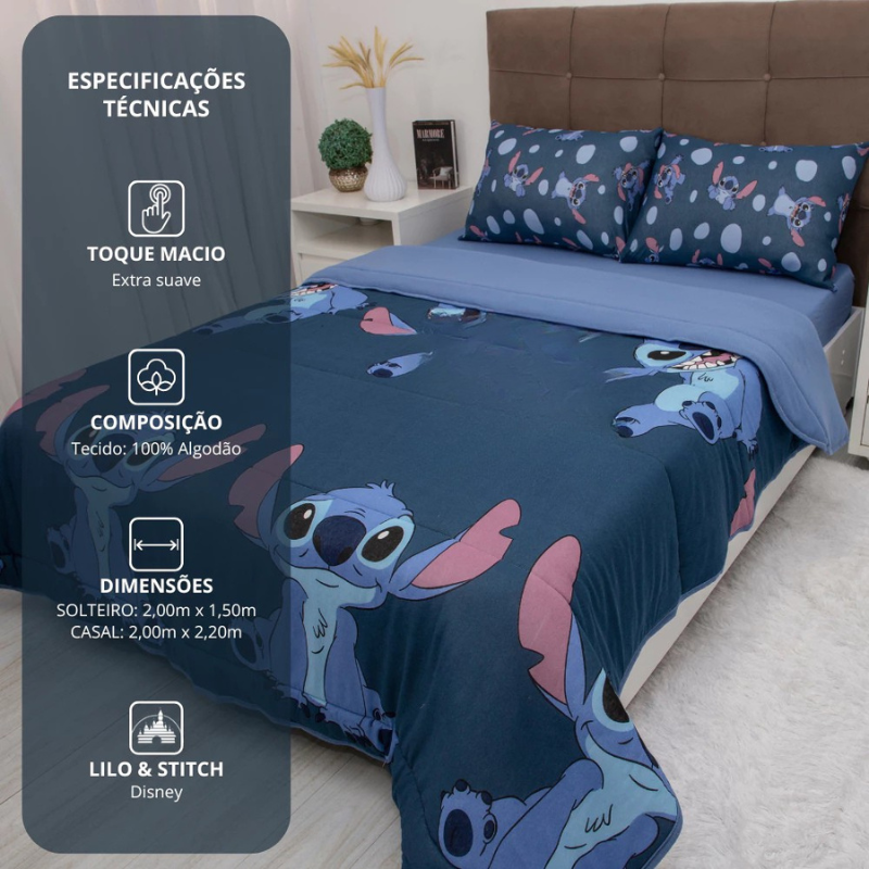 Edredom Infantil Lilo & Stitch Dupla Face | Super Macio e Grosso | Solteiro ou Casal | Personagem Oficial Disney