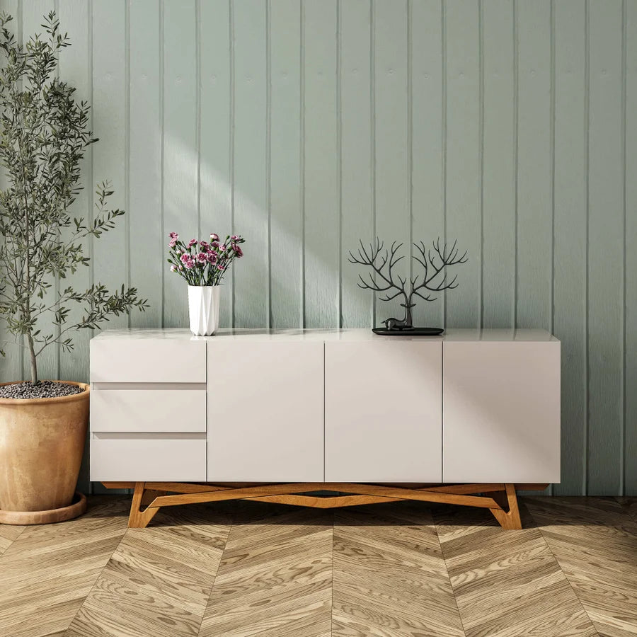 Buffet Oasi com Vidro pés em Madeira de Eucalipto estrutura em MDF cor Off-White BV200 Off White