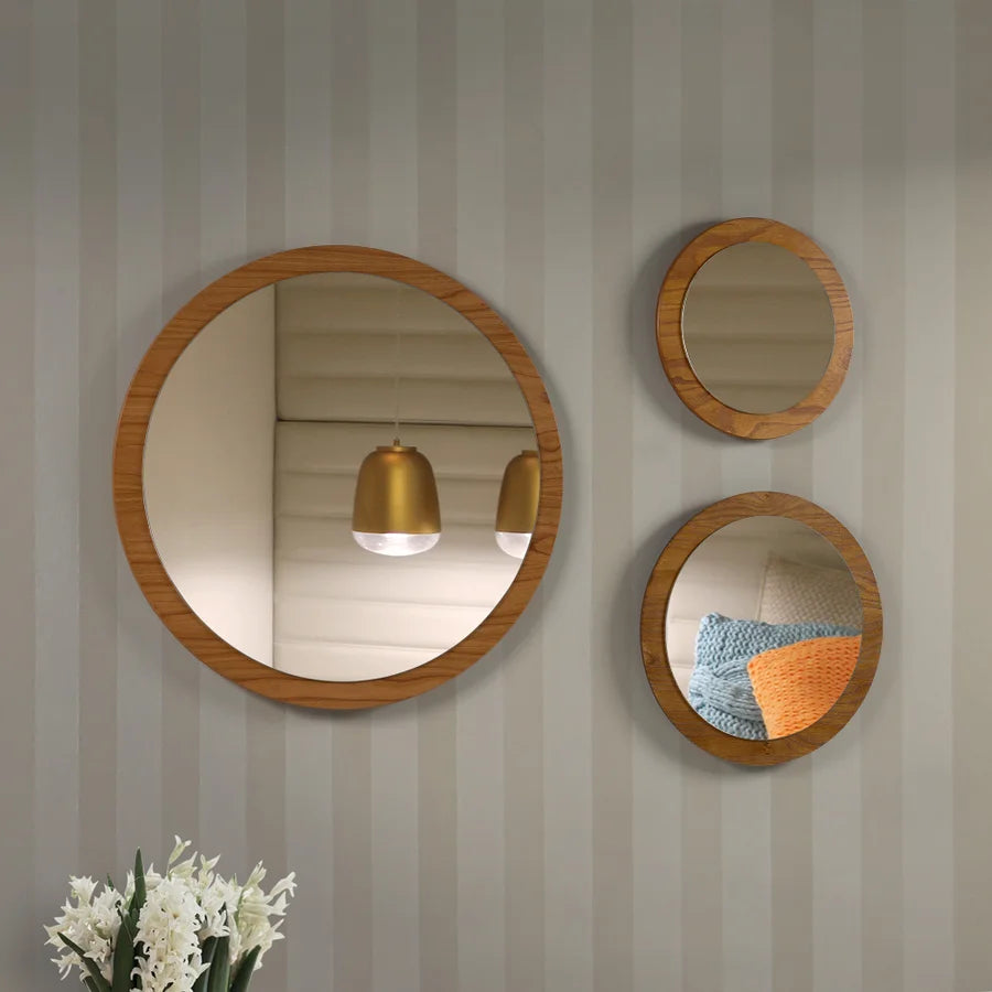 Kit Moldura com Espelho Redondo Livia 3 Peças cor Mel em MDF Laminado Natural Cinamomo 1344M