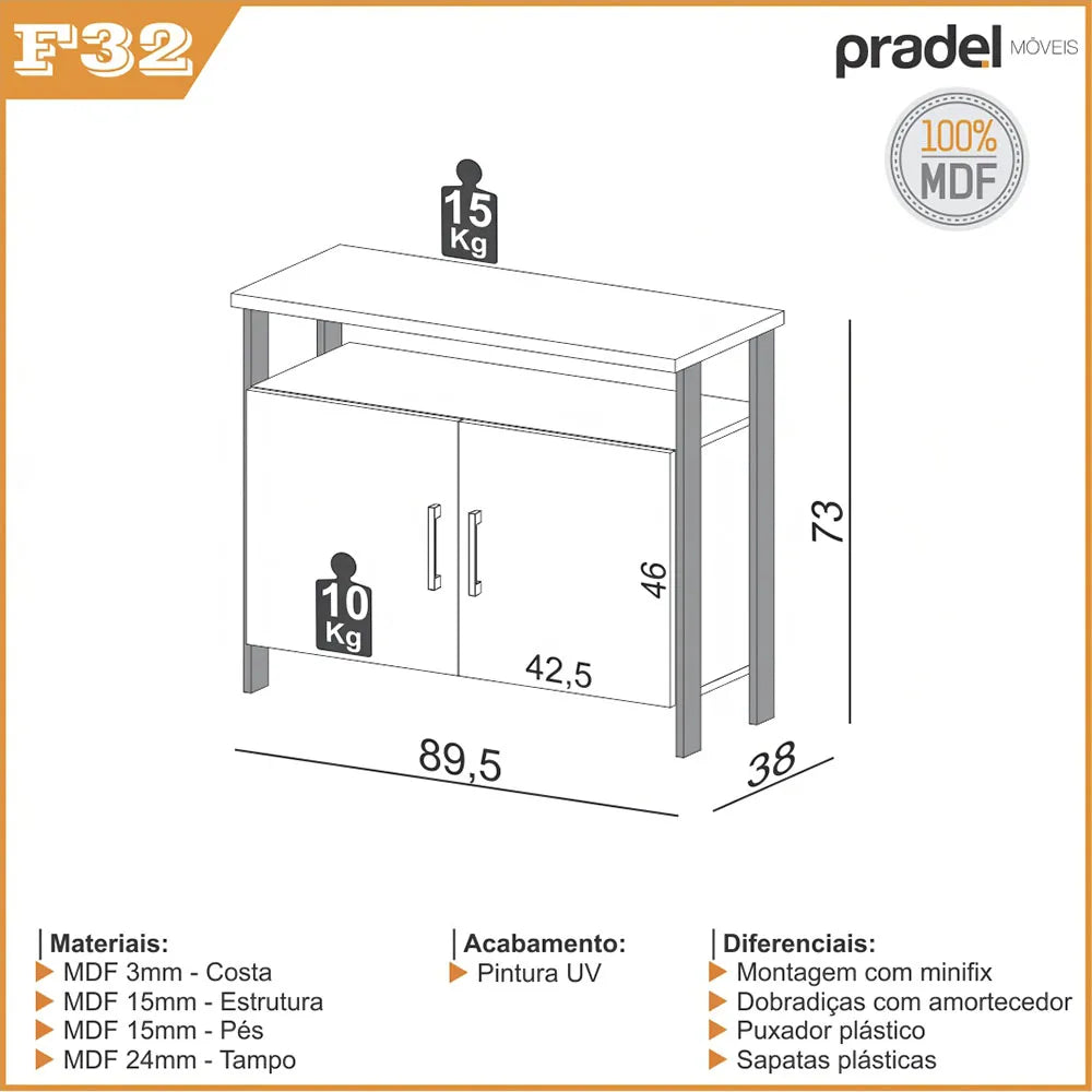 Balcão Aparador Design Industrial Com 02 Portas 89 cm 100% MDF