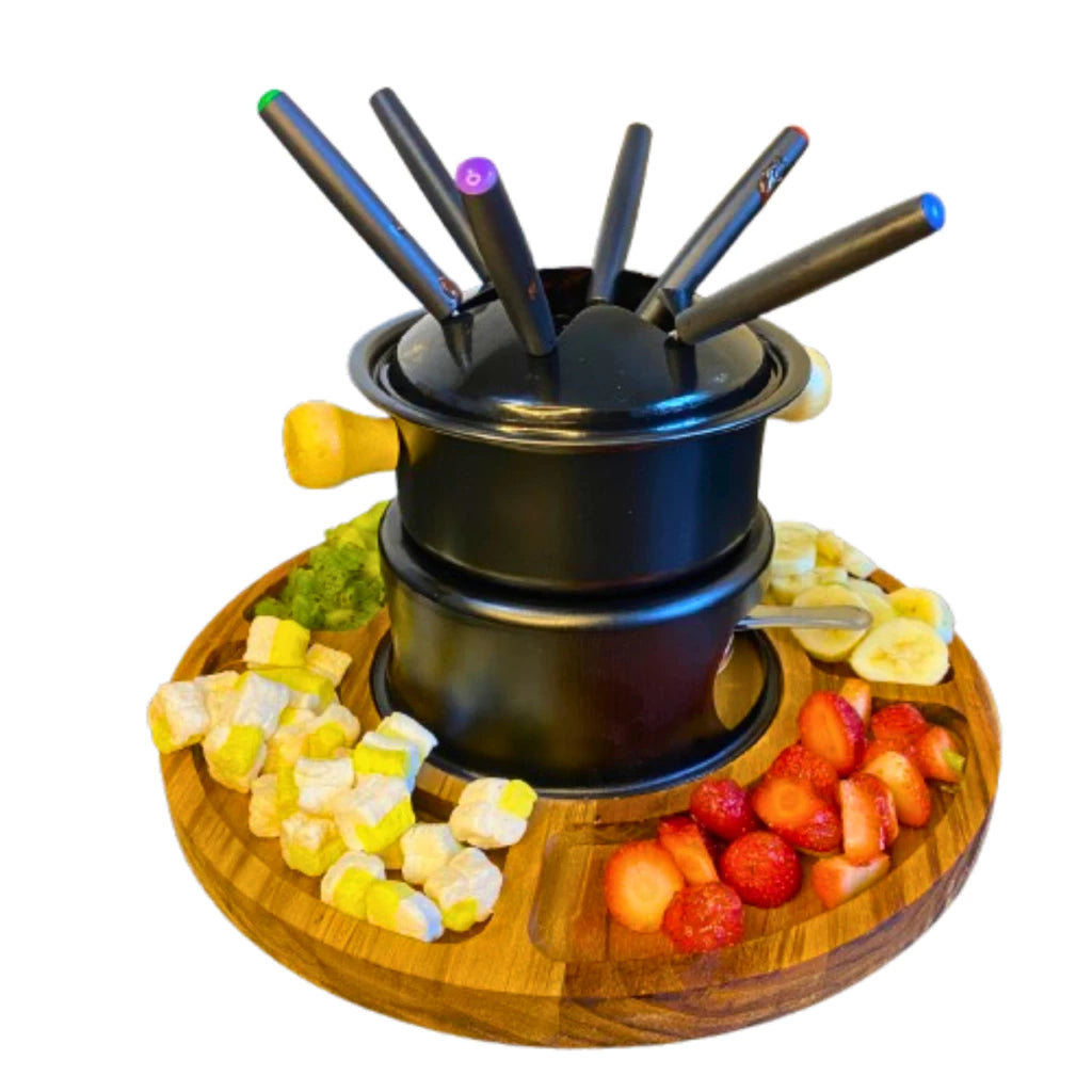 Conjunto Fondue Oasi Completo — Carne, Queijo e Chocolate | Para 6 Pessoas | Base e Petisqueira em Bambu
