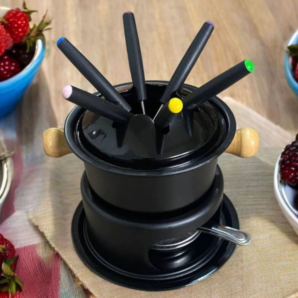 Conjunto Fondue Oasi Completo — Carne, Queijo e Chocolate | Para 6 Pessoas | Base e Petisqueira em Bambu