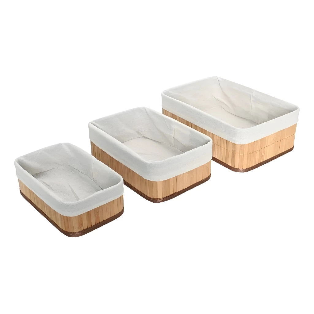 Kit 3 Cestos Organizadores de Bambu Multiuso com Forro Cesto Organizador Roupa Banheiro