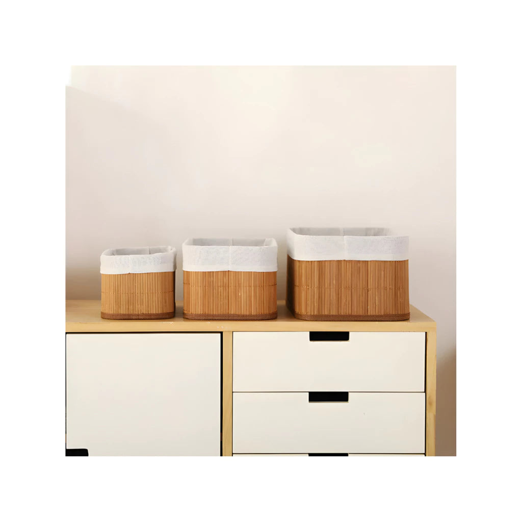 Kit 3 Cestos Organizadores de Bambu Multiuso com Forro Cesto Organizador Roupa Banheiro