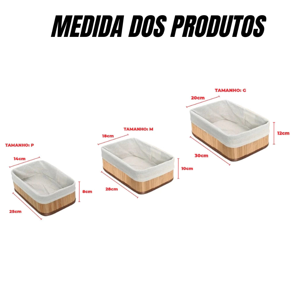Kit 3 Cestos Organizadores de Bambu Multiuso com Forro Cesto Organizador Roupa Banheiro