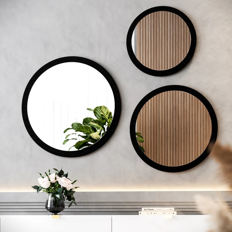 Kit Moldura com Espelho Redondo Livia 3 Peças cor Ebano em MDF Laminado Natural Cinamomo 1344E