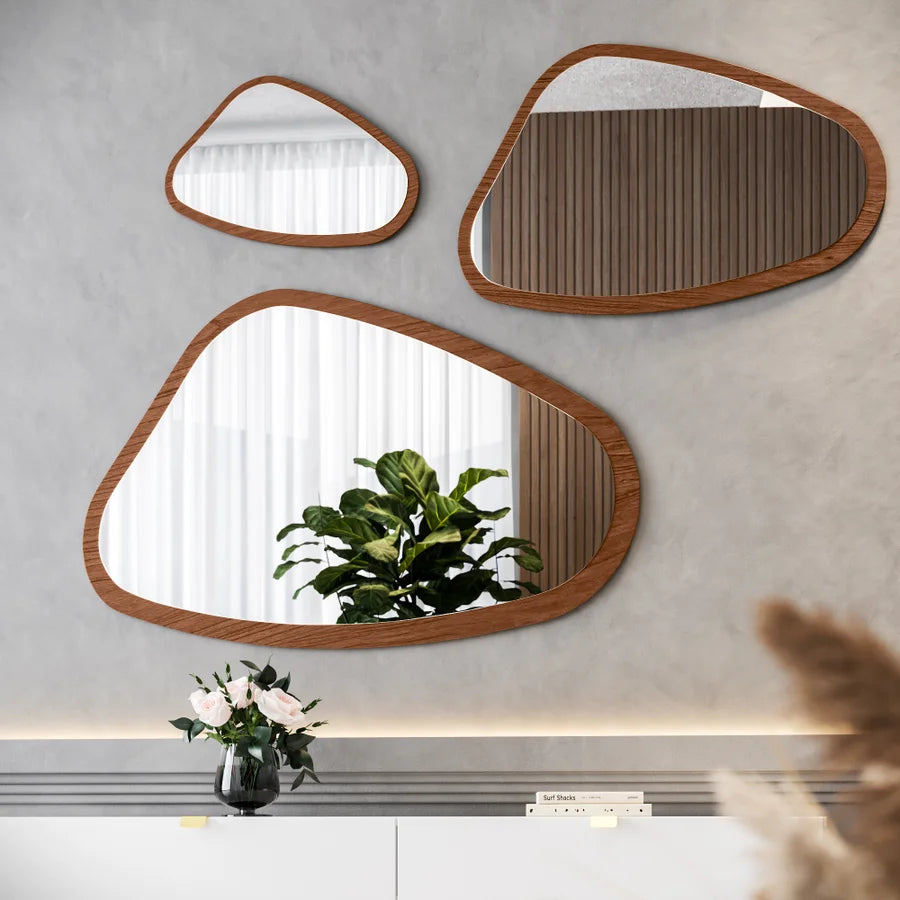 Kit Espelho Orgânico com Moldura Miami com 3 Peças cor Carvalho em MDF Laminado Natural Cinamomo 3614CA