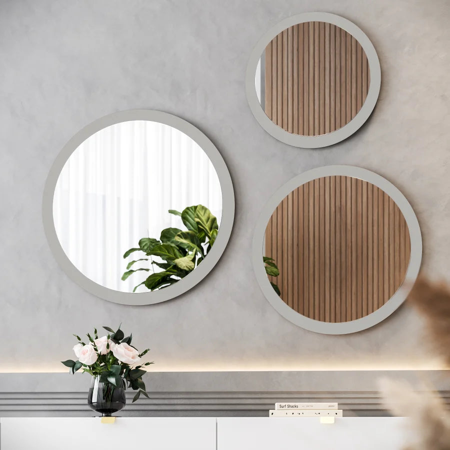 Kit Moldura com Espelho Redondo Livia 3 Peças cor Laca Fendi Nobre em MDF Natural 1344FN