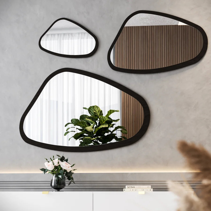 Kit Espelho Orgânico com Moldura Miami com 3 Peças cor Ebano em MDF Laminado Natural Cinamomo 3614E 3614E-Kit-1