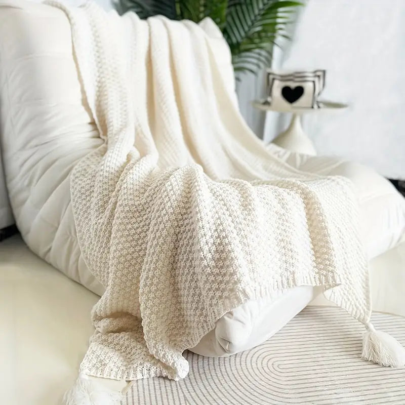 Manta Boêmia com Tassels 1 Peça – Padrão Geométrico em Madeira Natural, Macia, Texturizada e Versátil para Sofá, Cama, Escritório, Carro e Viagens