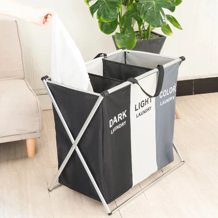 Cesto de Roupas Suja Dobrável 3 Compartimentos Organizador Grande PREMIUM