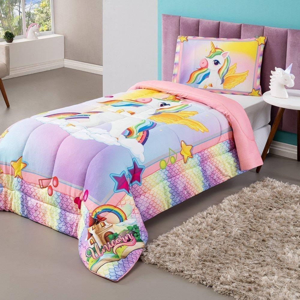 Kit Edredom Plush Fofinho Infantil Dupla Face Dream 2 Peças Solteiro Unicórnio